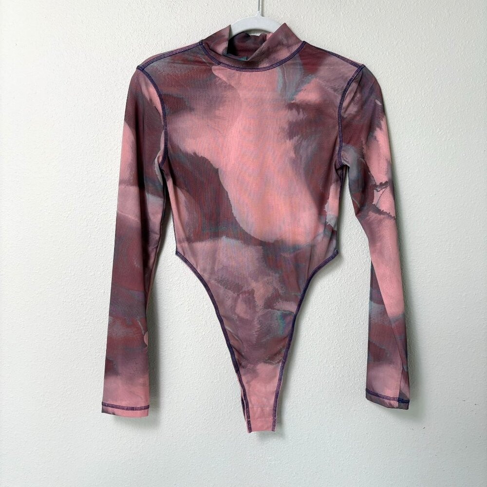 Oh Polly Bodysuit Size 6 Pink‎ Purple Mesh Long Sleeve Mock High Neck